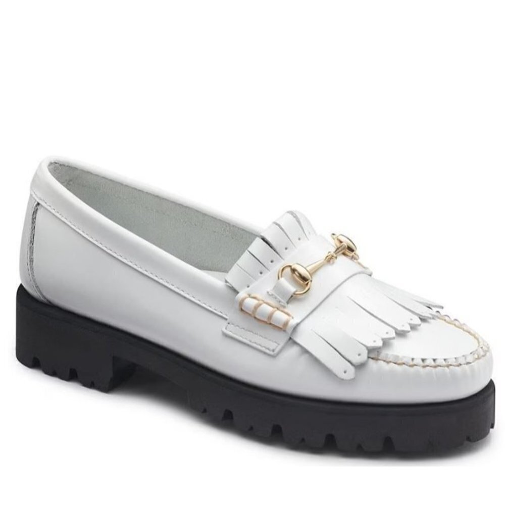 G.H. Bass Women's Lianna Kiltie Lug Loafers White Bit Buckle Fringe Platform 9.5